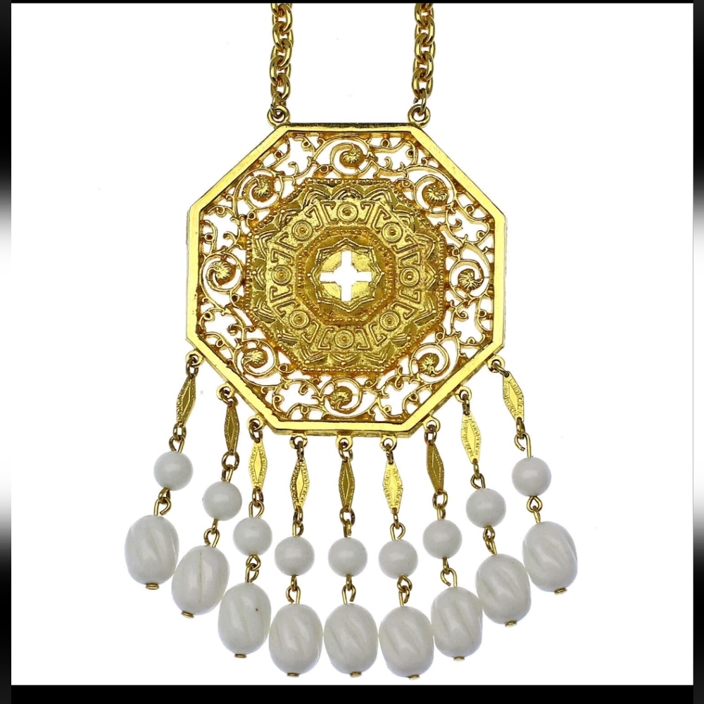 60s Vintage Vendome Gold Tone Pendant Necklace Etruscan Mod White Lucite Dangles